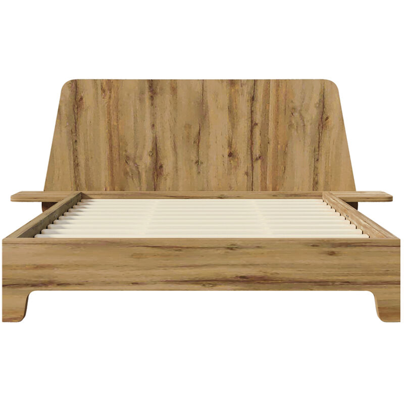 Gutent - Lit double en bois massif 140x200cm avec tête de lit de rangement et sommier à lattes, chêne