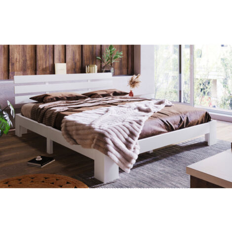 Lit double en bois massif composé d'un cadre de lit avec tête de lit et sommier à lattes - 200 x 140 cm, bois massif, lit double robuste, utilisable comme lit en pin