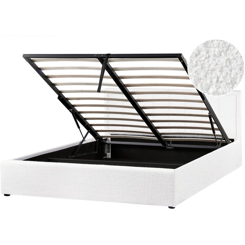 Beliani - Lit Double en Bouclé 160 x 200 cm avec Rangement Rembourré Blanc Montlaur