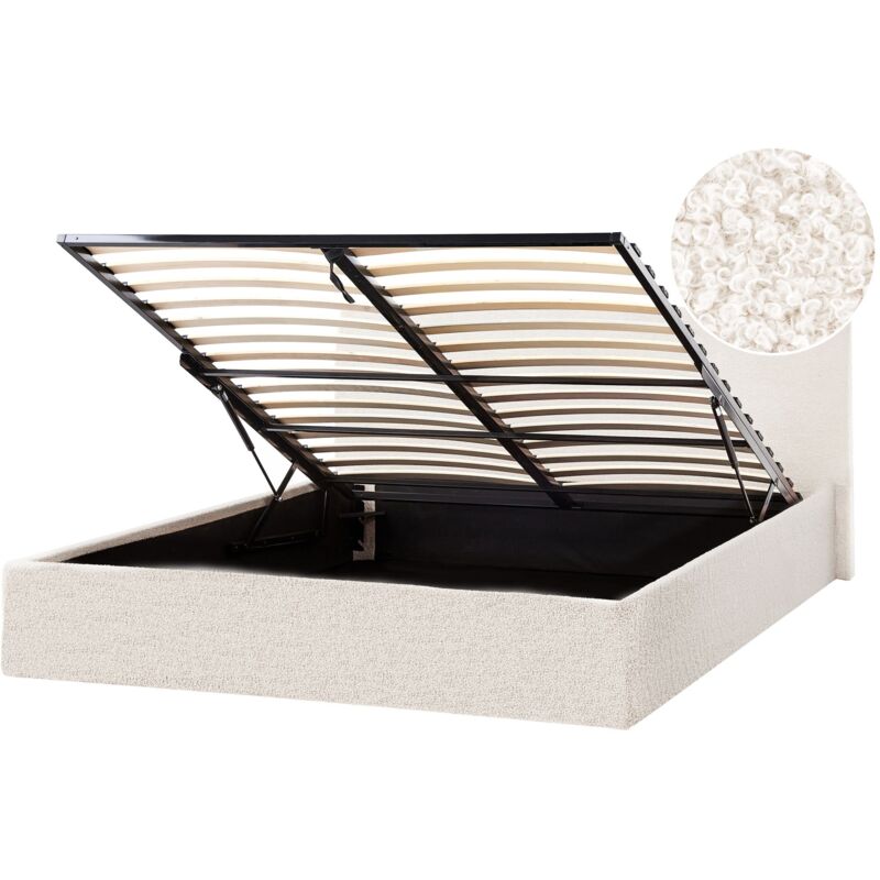 Beliani - Cadre de Lit Double avec Tête de Lit Coffre de Rangement Relevable 140 x 200 cm en Bouclé Blanc Cassé Orbey
