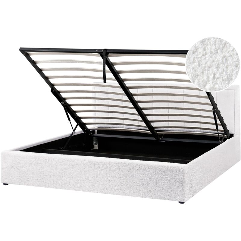 Beliani - Lit Double en Bouclé 180 x 200 cm avec Rangement Rembourré Blanc Montlaur