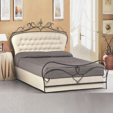 Lit double en fer forgé couleur anthracite avec tête de lit capitonnée 172x202xH.140 cm