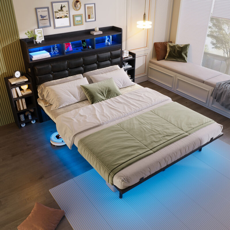Lit Double en Métal 140x190 cm Lit Capitonné avec Éclairage LED, Rangements Intégrés, Tête de Lit, 2 Tables de Chevet - Gris Foncé