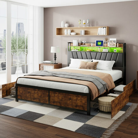 Lit double en métal 140x200 cm, avec éclairage LED et charge USB, 4 tiroirs et tête de lit, lit capitonné avec sommier à lattes et cadre de lit en métal, pour adultes et adolescents
