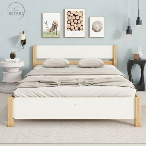 RETROK Lit Double en Pin - Ado, Adulte, Tête et Pied de Lit en MDF, Blanc + Naturel, 140x200 cm