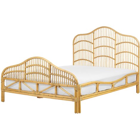 Lit Double en Rotin Clair 140 x 200 cm Tête de Lit Tressée en Acajou Domeyrot