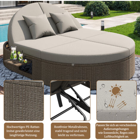 Lit double en rotin, fauteuil de jardin avec étagère sur le côté. Lit de soleil à deux places avec table basse réglable. Lit de repos pour le jardin.