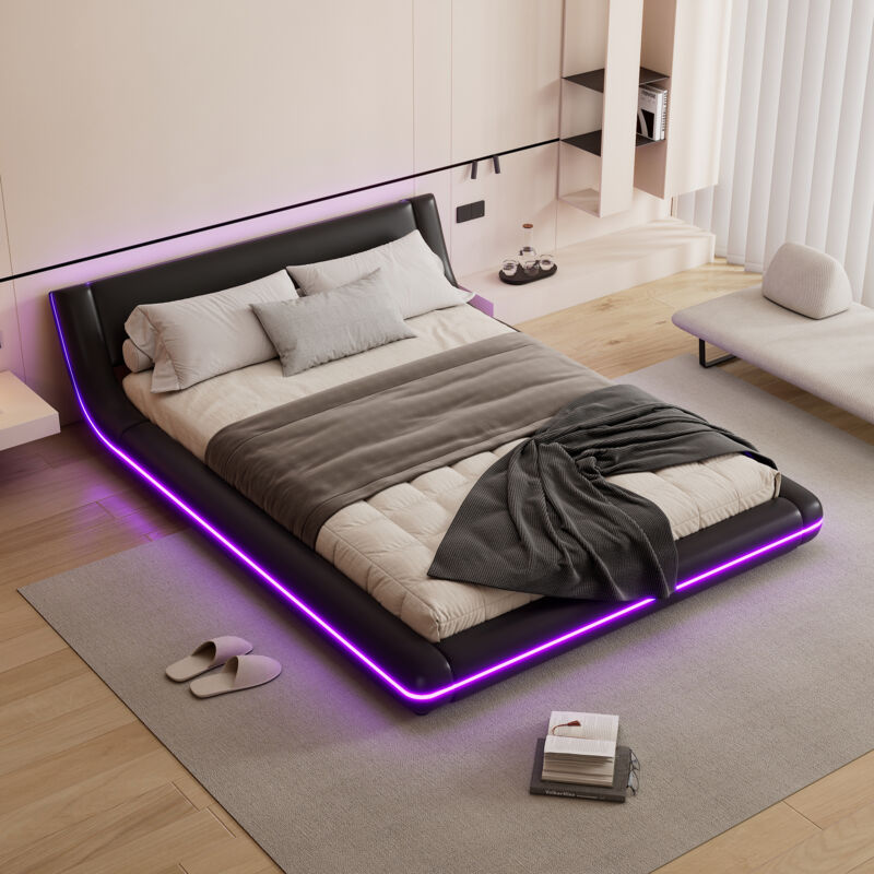 Lit adulte 140x200cm avec led - en cuir pu - Noir
