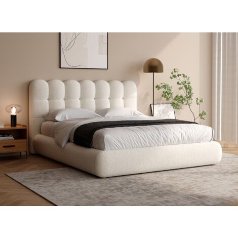 Lit double en tissu bouclette beige 180x200cm BISCUIT