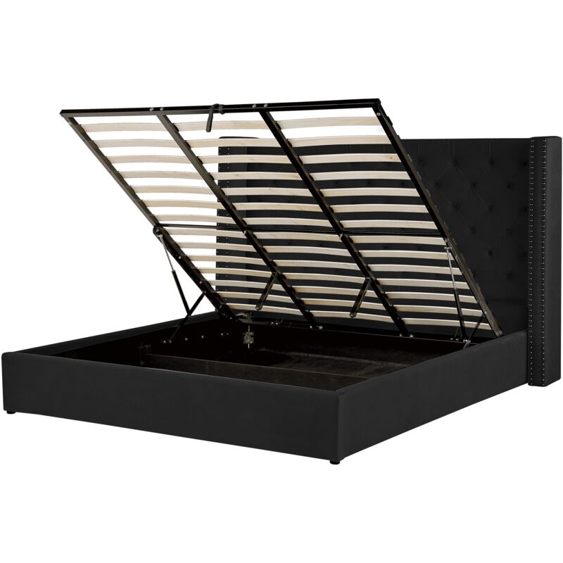 Beliani - Lit avec Rangement 180 x 200 cm en Velours Noir Tête de Lit Capitonnée Glam Lubbon