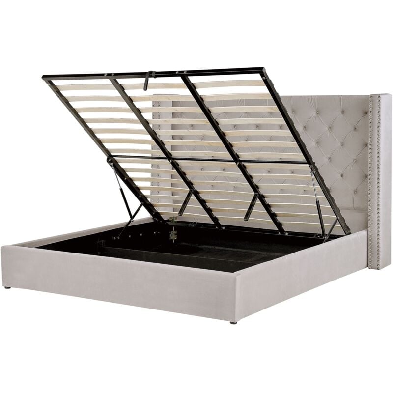 Beliani - Lit avec Rangement 180 x 200 cm en Velours Gris Clair Tête de Lit Capitonnée Lubbon