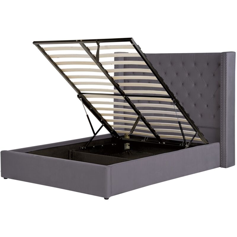 Beliani - Lit avec Rangement 140 x 200 cm en Velours Gris Tête de Lit Capitonnée Glam Lubbon