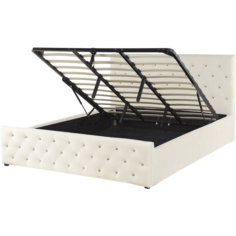 Lit double en velours beige clair 180 x 200 cm avec rangement AMIENS
