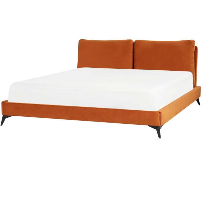 Super Lit Double 180 x 200 cm en Velours Orange et Bois pour Tout Type de Matelas Melle