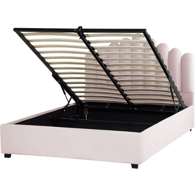 Lit avec Rangement en Velours Rose 160 x 200 cm Haute Tête de Lit Glamour Vincennes