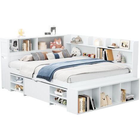 Lit double enfant 140 x 200 cm avec tiroirs, bibliothèque et grand espace de rangement, blanc, sans matelas