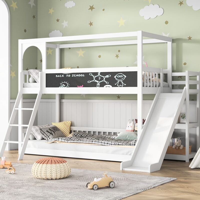 Lit superposé 90x200 cm, avec escalier et toboggans, tableau noir, sommier à lattes, pin+MDF, adapté aux enfants et adolescents - Blanc