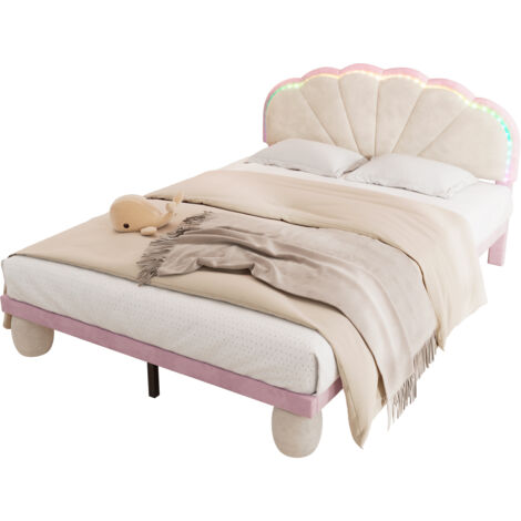 Lit double enfant à rayures multicolores alternées, tête de lit festonnée, Beige Plus rose, 140x200 cm