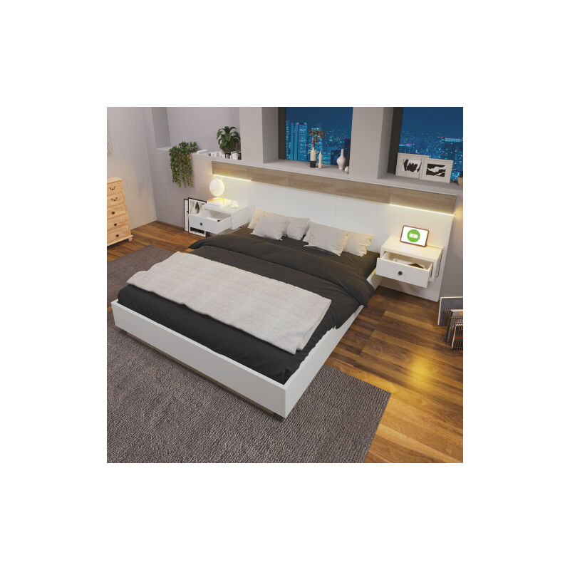 Lit double Ensemble lit avec 2 chevets LED& prise USB C 180 x 200 cm Lit en bois incl. . 2 tables de nuit Chambre à coucher complète-205x284x90.5