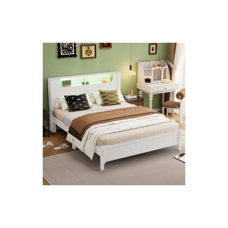 Lit double, étagère ouverte, avec rayures lumineuses ambiantes, lit plat, lit en bois, adolescents et adultes, cadre en pin