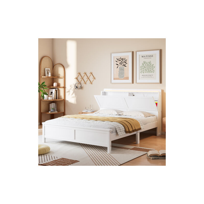 Okwish - Lit double 140x200 cm lit avec étagère ouverte, compartiment de rangement, porte abattante et bande de lumière ambiante, en pin+MDF, blanc,