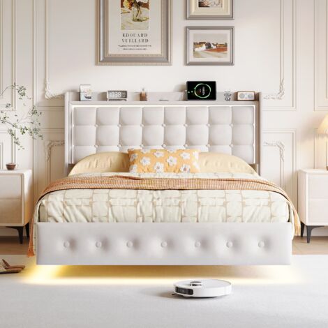 Lit double flottant 160x200 cm,Lit rembourrém avec tête de lit LED et USB,Cadre de lit flottant,lit plateforme rembourré pour jeunes,Sommier à Lattes,Velours,Blanc