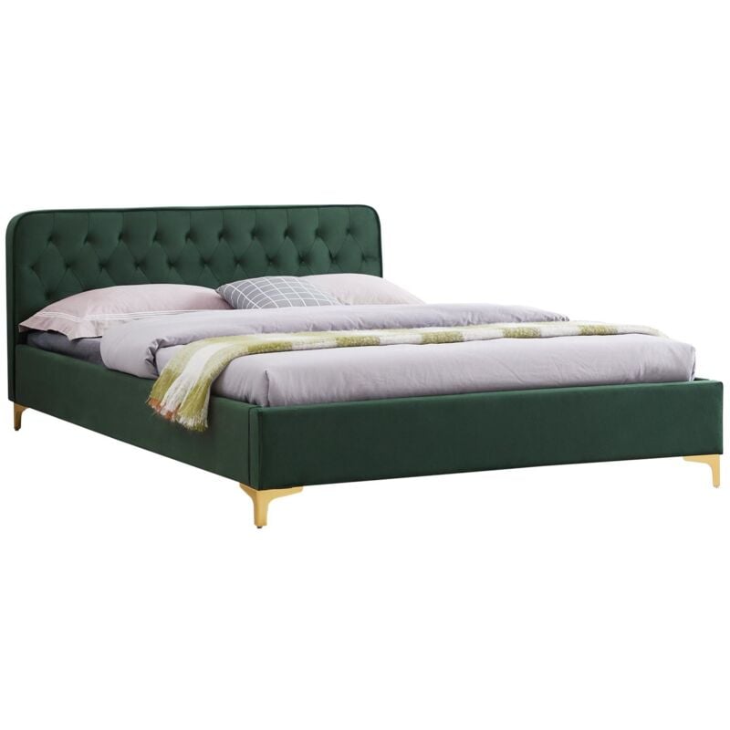 Idimex - Lit double glamour couchage 140x190 cm, avec sommier et pieds en métal doré, style baroque, revêtement en velours capitonné vert - Vert