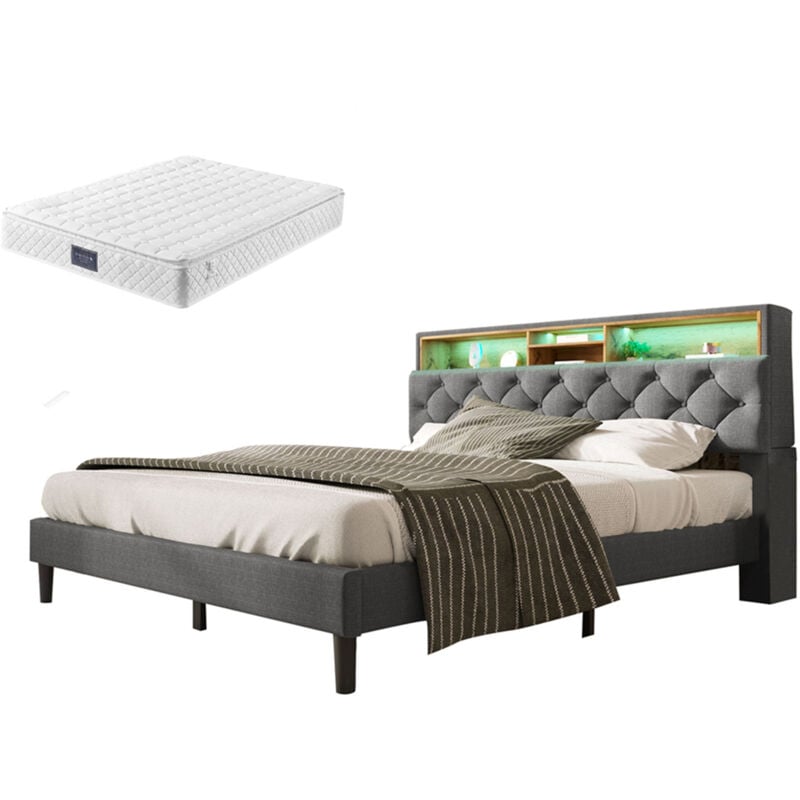 Lit double gris 140x200 cm, tête de lit de rangement avec éclairage LED, sommier à lattes (avec matelas)
