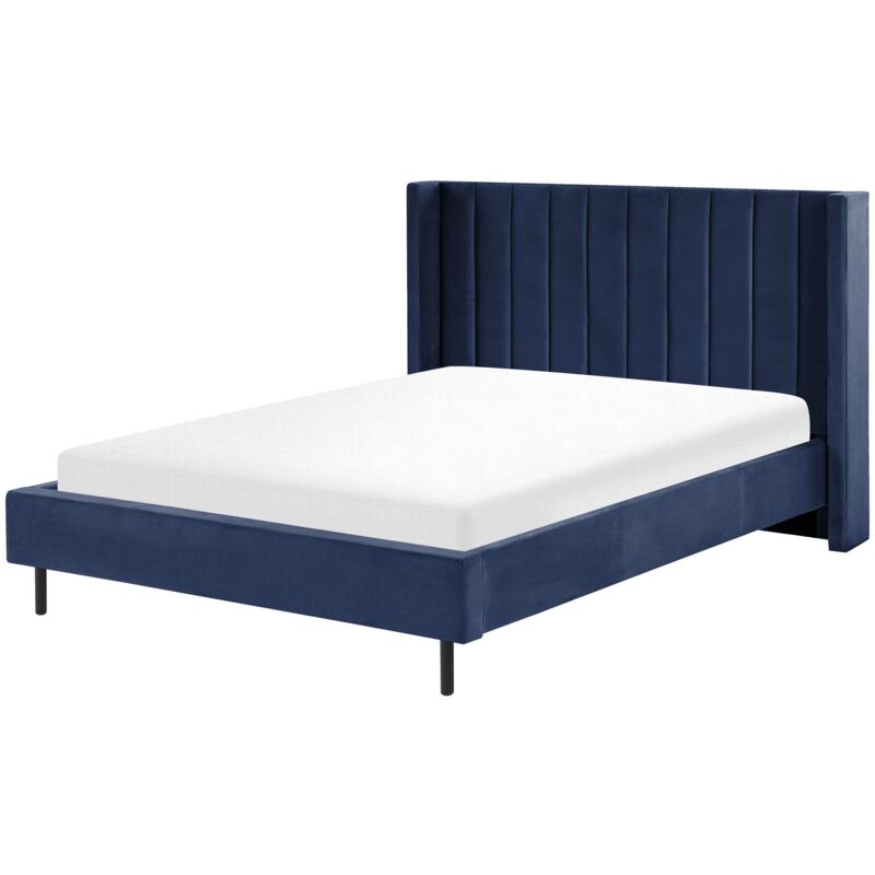 Sommier pour Lit Double 140 x 200 cm en Velours Bleu Tête de Lit Haute Villette