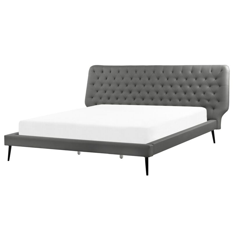 Beliani - Lit Double Cuir pu Gris 160 x 200 cm Confortable avec Haute Tête de Lit Capitonnée Style Classique pour Chambre Moderne ou Scandinave