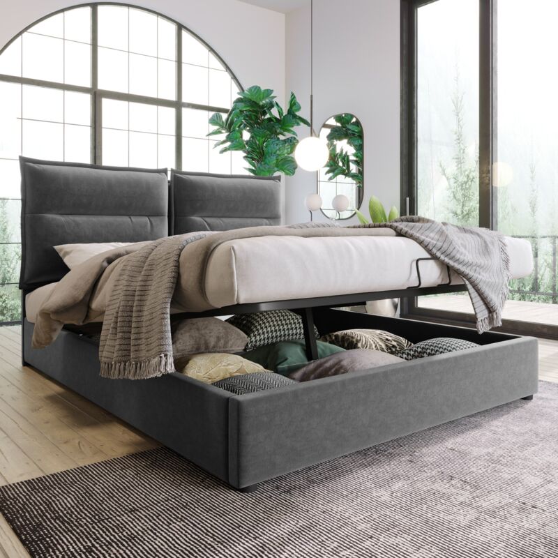 Okwish - Lit coffre double avec sommier à lattes en métal et espace de rangement, velours, gris 140x200 cm(sans matelas)