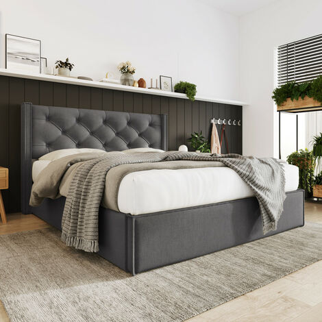 Lit double hydraulique rembourré 140x200 cm avec sommier à lattes en métal et espace de rangement, gris