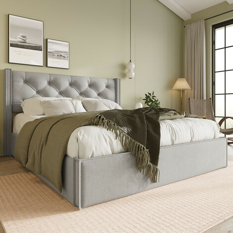 Lit double hydraulique rembourré 140x200cm avec sommier à lattes en métal et espace de rangement, gris clair (avec matelas)