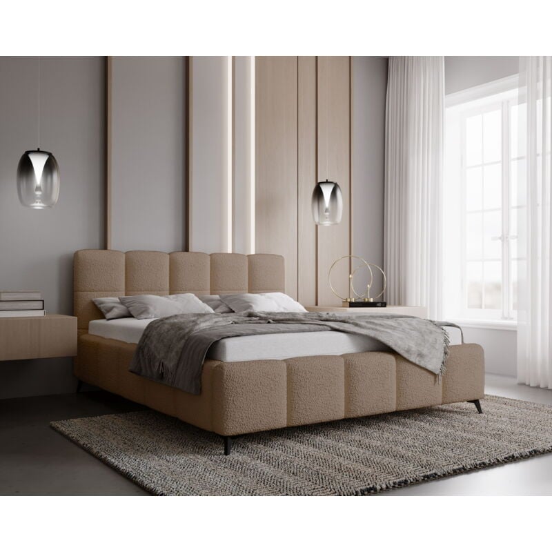 Emporius - Lit double 180x200 Kastilo - Lit avec rangement, sommier à lattes - Lit adulte 180x200 - tissu bouclé Beige (Anthology 3)