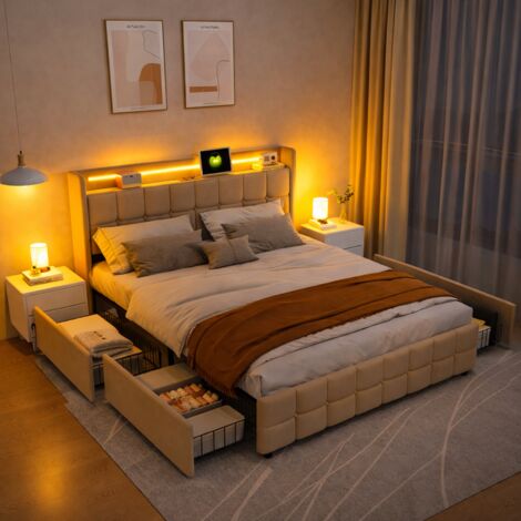 Lit Double LED 180x200 cm, Lit Coffre Beige en Lin, 4 Tiroirs, Tête de lit rembourrée USB, Cadre Métallique, Sommier à Lattes