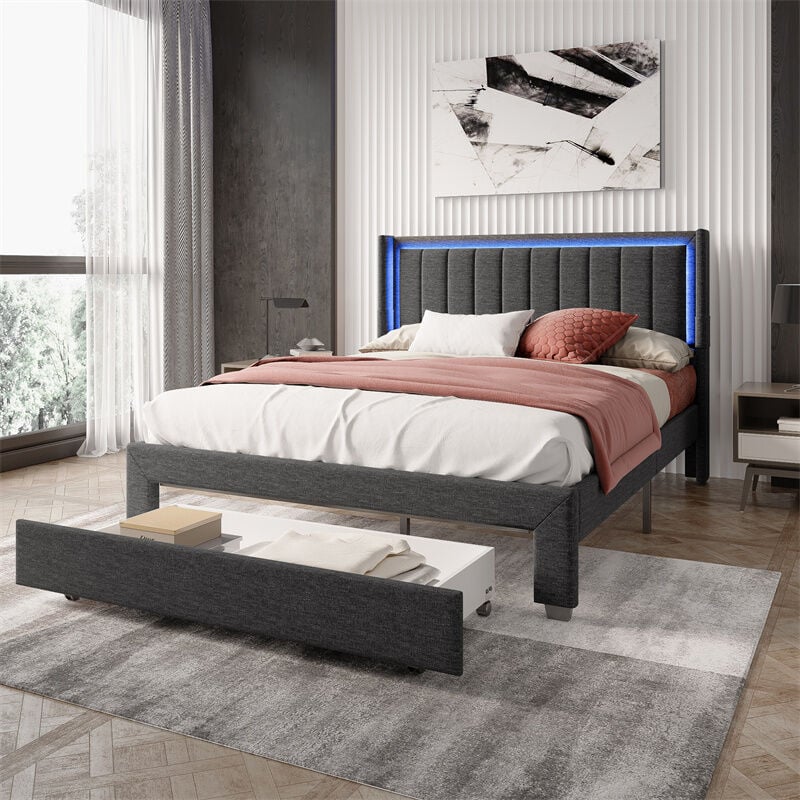 Lit double led 140x200cm, avec 1 grand tiroir, sommier à lattes et tête de lit avec usb et Type c, tissu en lin - Gris