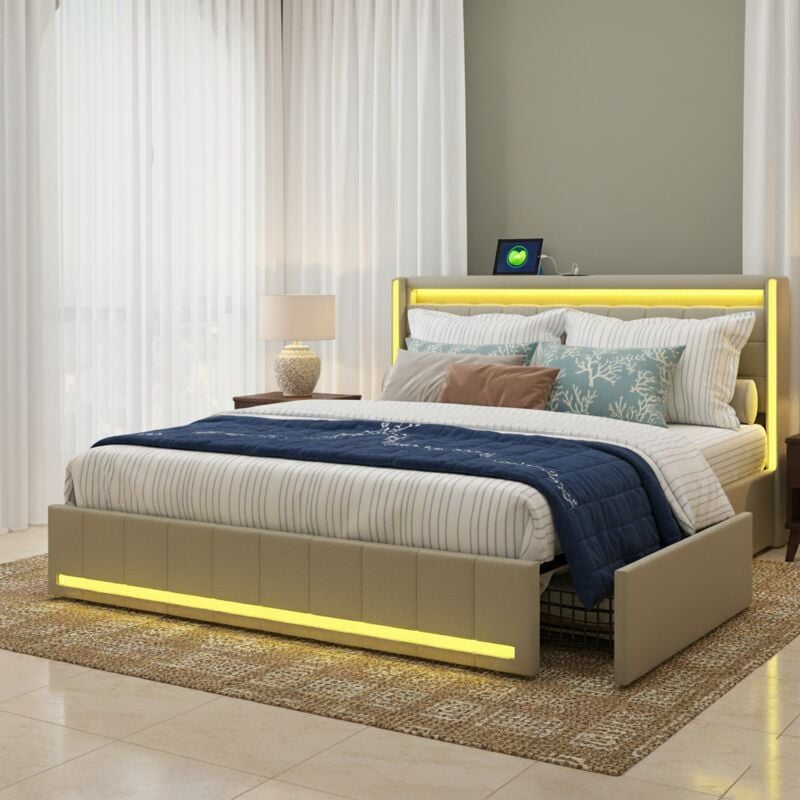 Lit double led 160x200cm avec 4 tiroirs, et sommier à lattes et tête de lit, port de charge USB/Type c, sans matelas, tissu en lin, beige