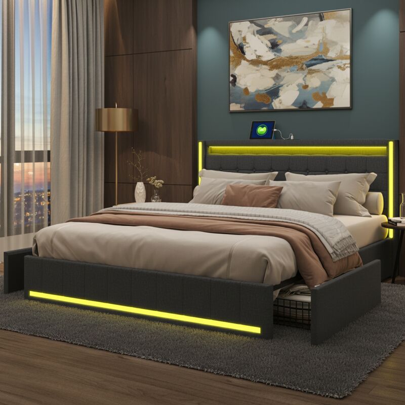 Lit 140x200 avec 4 tiroirs, lit adulte capitonné avec sommier, éclairage LED RGB, ports USB et Type-C, style scandinave - Gris
