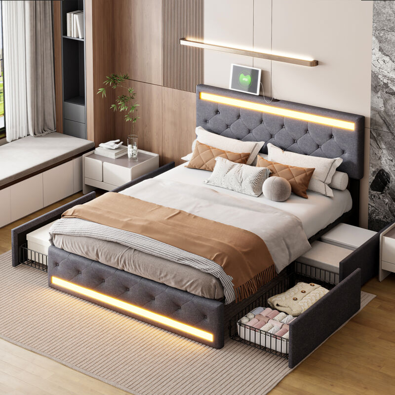 Fortuna Lai - Lit adulte capitonné 180x200 cm, avec 4 tiroirs - lin, tête de lit réglable en hauteur, sommier à lattes, éclairage led, chargement usb Fortuna Lai - Lit adulte capitonné 180x200 cm, avec 4 tiroirs - lin, tête de lit réglable en hauteur, sommier à lattes, éclairage led, chargement usb