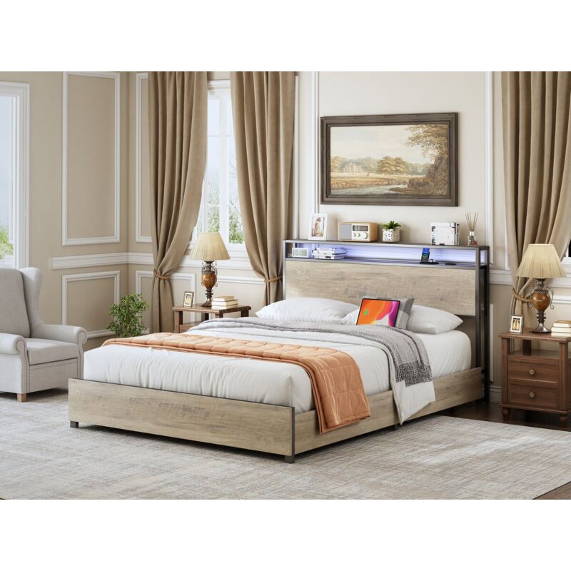 Lit double led en métal avec prise et tiroirs "Léa" - 140 x 190 cm - Marron