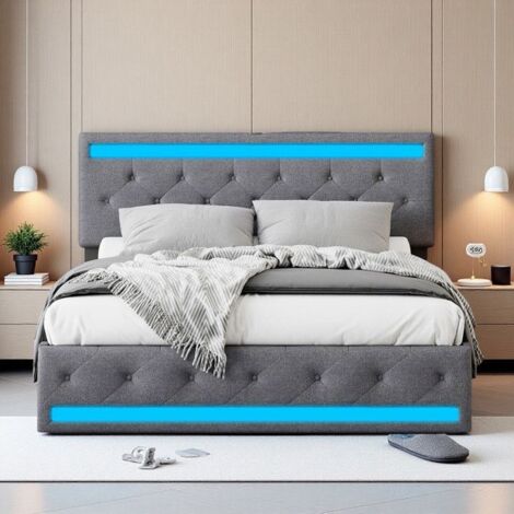 Lit Double LED Rangement Tiroirs 140x190cm - Éclairage RGB APP Remote - USB-C - Tissu Lin - Lit Adulte Gris Foncé Moderne