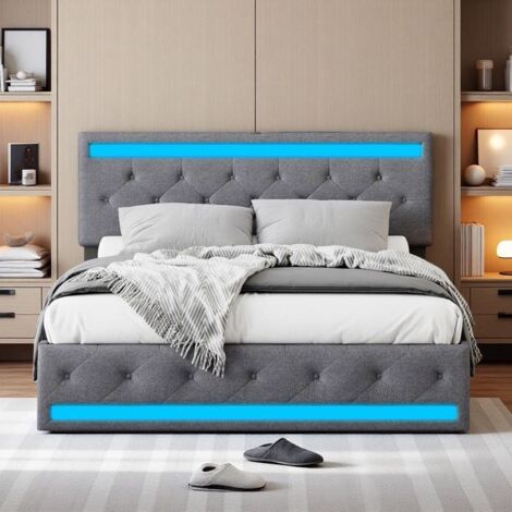Lit Double LED Rangement Tiroirs 140x200cm - Éclairage RGB 6000 Couleurs - Tissu Lin - USB-C - Lit Adulte Gris Foncé Moderne