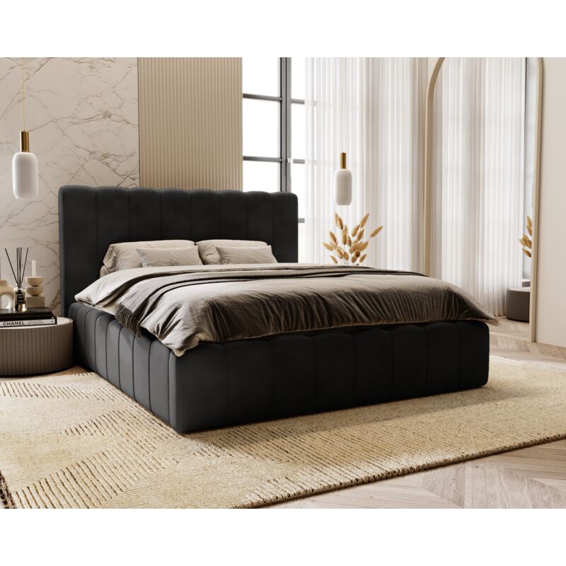 Emporius - Lit adulte 160x200 Lisbon - Lit double avec rangement & sommier, Lit coffre - Tissu Velours Noir (Magic Velvet 2219)