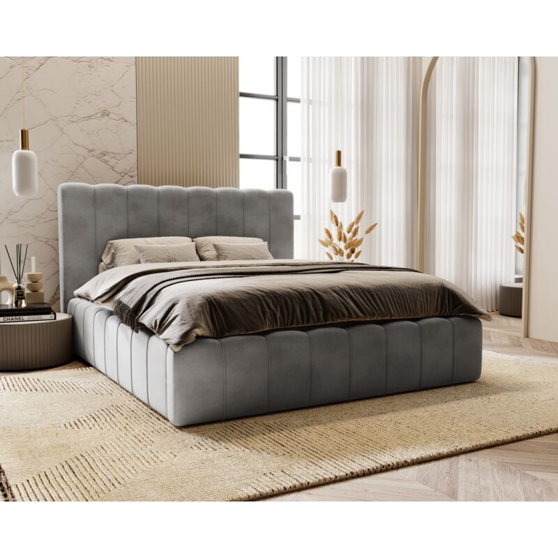 Emporius - Lit adulte 180x200 Lisbon - Lit double avec rangement & sommier, Lit coffre - Tissu Velours Gris (Magic Velvet 2217)