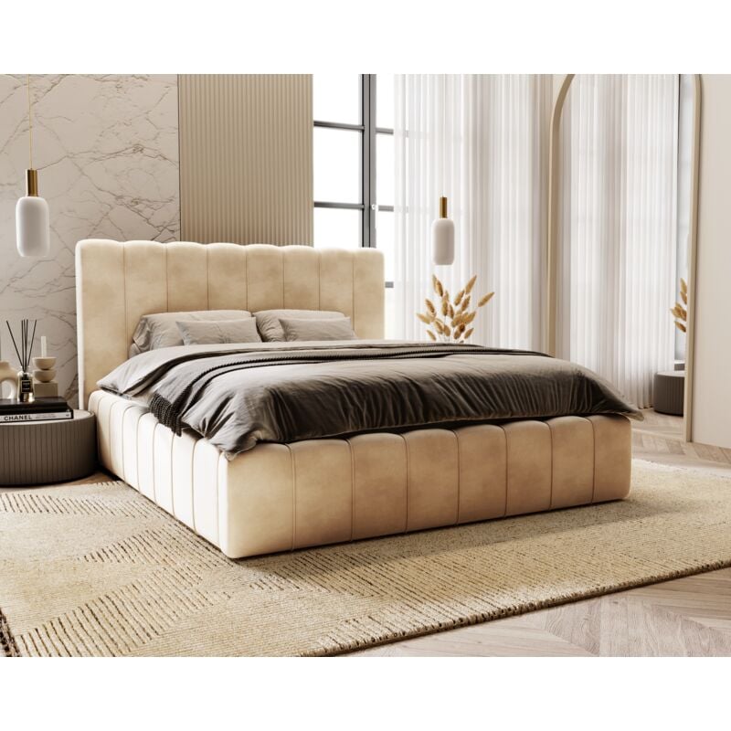 Lit adulte 200x200 Lisbon - Lit double avec rangement & sommier, Lit coffre - Tissu Velours Beige (Magic Velvet 2201)