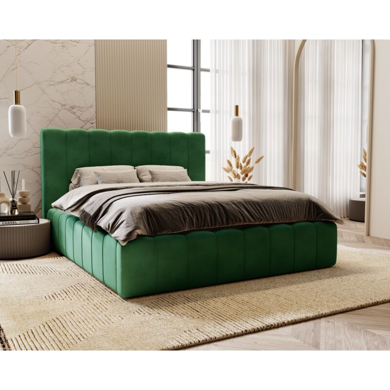 Emporius - Lit adulte 200x200 Lisbon - Lit double avec rangement & sommier, Lit coffre - Tissu Velours Vert (Magic Velvet 2225)