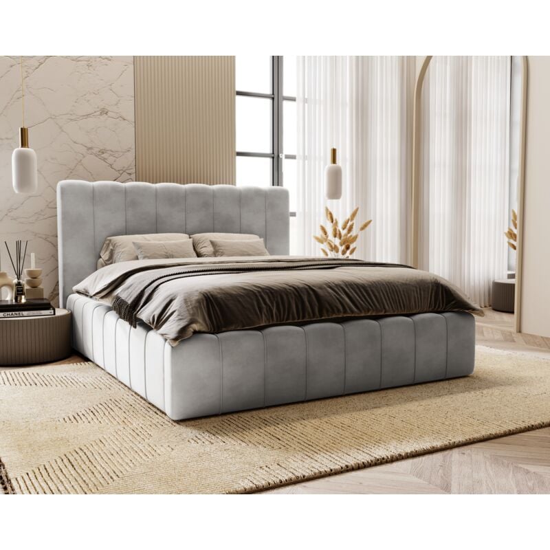 Lit adulte 180x200 Lisbon - Lit double avec rangement & sommier, Lit coffre - Tissu Velours Gris clair (Magic Velvet 2218)