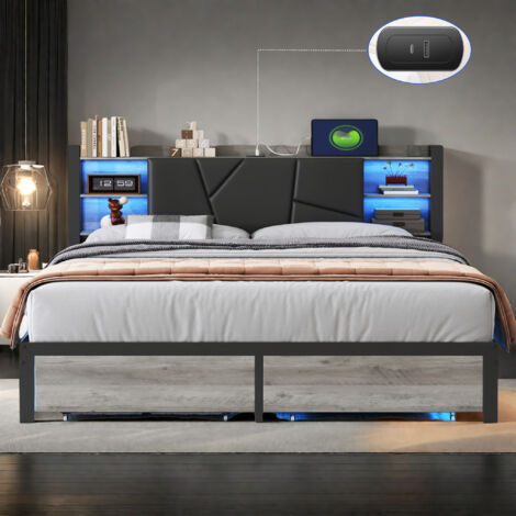 Lit double lit 140×200 avec chargement USB, 2 tiroirs, lit adulte pour 2 personnes, Sommier métallique, avec éclairage LED, Gris