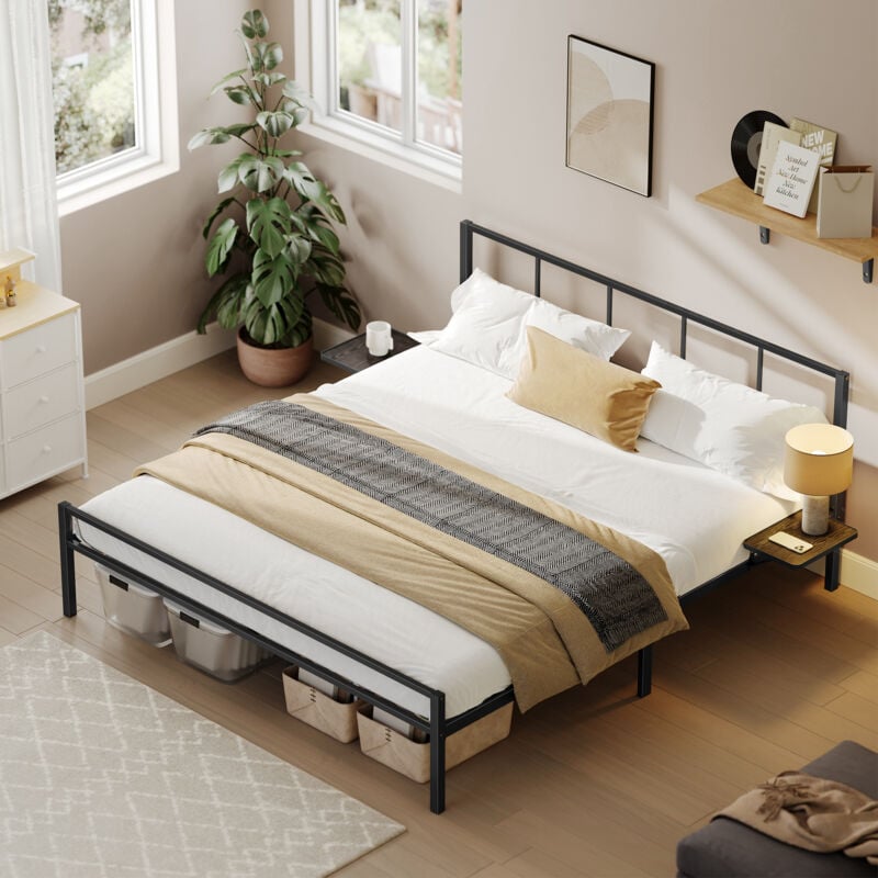 Vasagle - Lit Double, Lit 2 Personnes, Cadre de Lit en Métal avec Étagères de Rangement, Tête de Lit, Lit Adolescent, Adapté pour Matelas 160 x 200