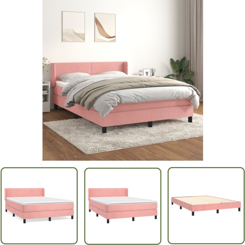 The Living Store Sommier à lattes de lit avec matelas Rose 140x190 cm Velours - Lit Tapissier - Lit Velours - Lit Double - Chambre à Coucher - Literie